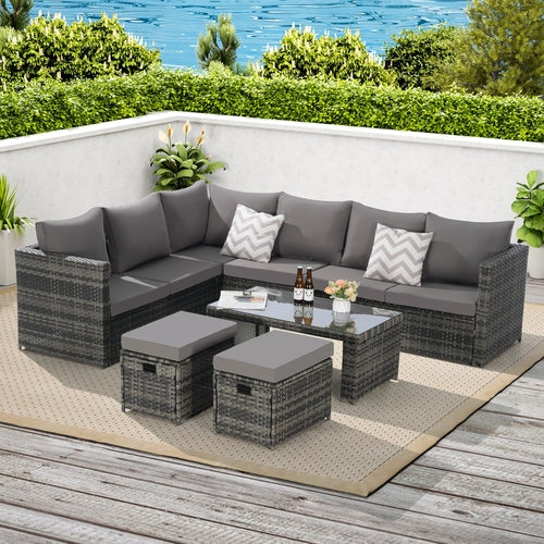 6 Piece Outdoor Patio Furniture Set, All Weather Wicker Rattan Outdoor