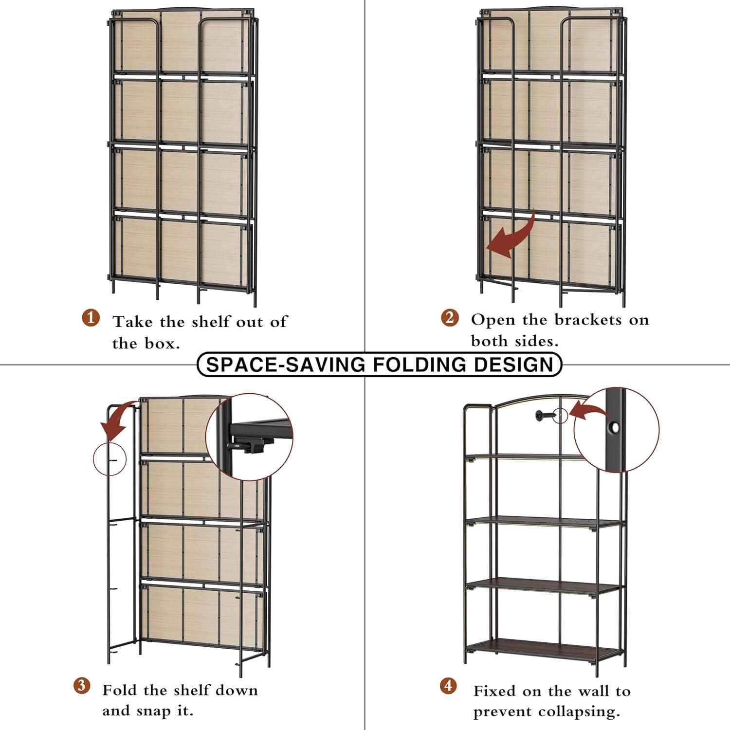 4 Tier Black Folding Bookshelf for Living Room Home Office